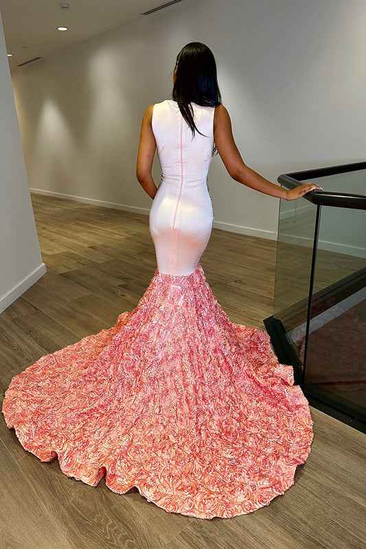 Crew Neck Sequins Sleeveless Flower Mermaid Princess Prom Dress Splicing Trumpet