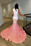 Elegant Pink Evening Dress Long with Sequins, Flowers, and V Neck Tulle BM bride