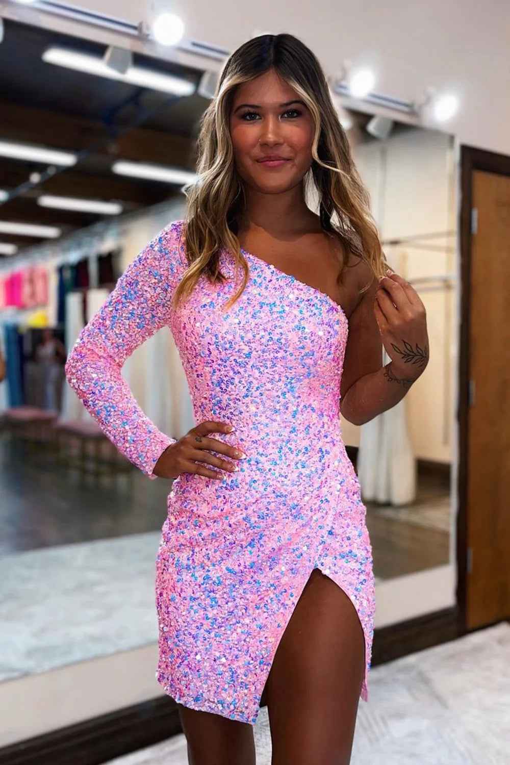 Sparkly Pink Sequined One Shoulder One Sleeve Tight Short Homecoming Dress with Slit Bmbride