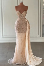 Stunning Champagne Mermaid Evening Dress with Sweetheart Sleeveless Beadings and Ruffles BM bride
