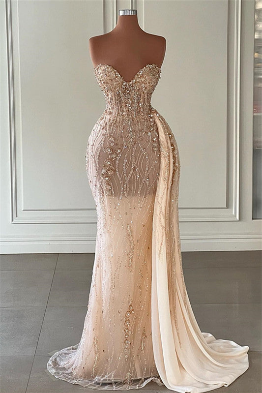 Stunning Champagne Mermaid Evening Dress with Sweetheart Sleeveless Beadings and Ruffles BM bride