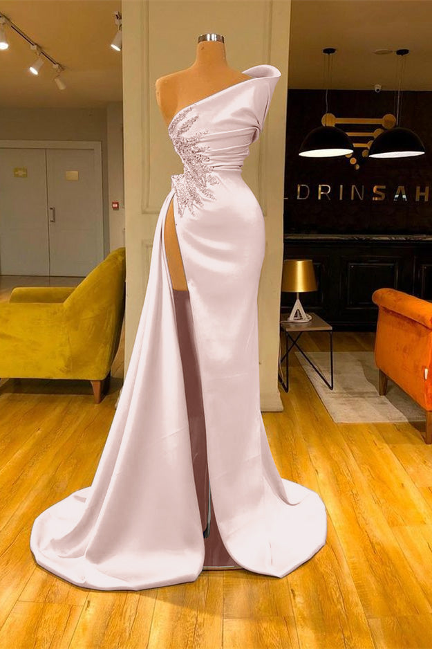 Sky Blue Mermaid One Shoulder Sleeveless Long Split Prom Dress With Beadings