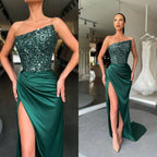 Dark Green Sequins Prom Dress with Split BM bride