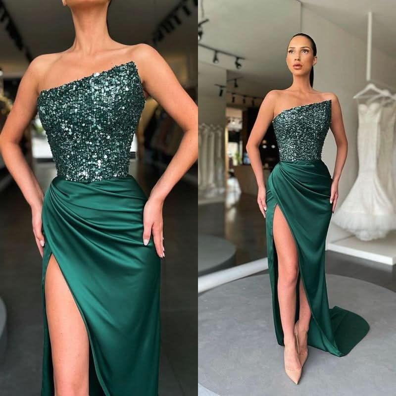Dark Green Sequins Prom Dress with Split BM bride