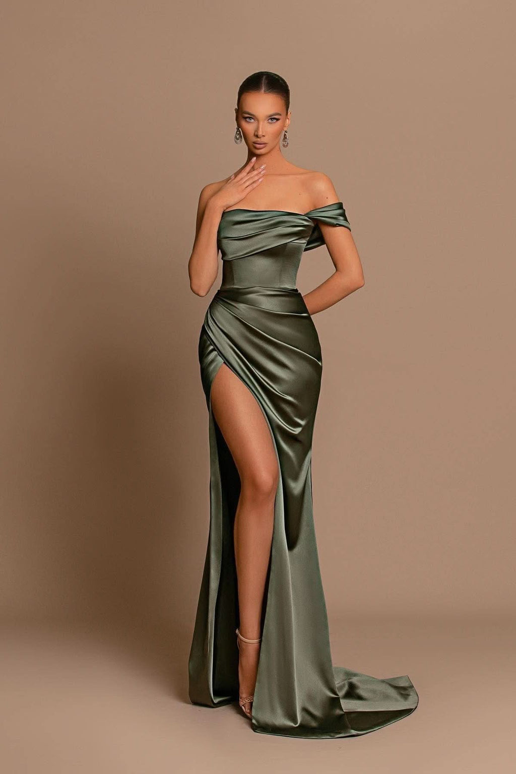 Charming Sage Green Off-The-Shoulder Evening Dress with Ball Gown and Pleated Slit BM bride