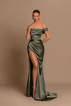 Off-The-Shoulder Sage Green Evening Dress Ball Gown Sleeveless Slit Pleated BM bride
