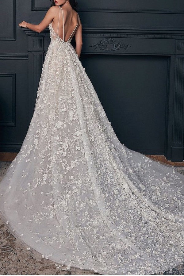 Sheer Strap A-Line Long Wedding Dress with 3D Floral Appliques BM bride