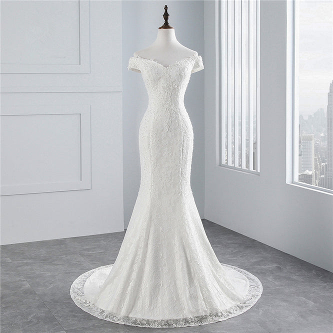 Off-the-Shoulder Long Mermaid Wedding Dress with Lace BM bride