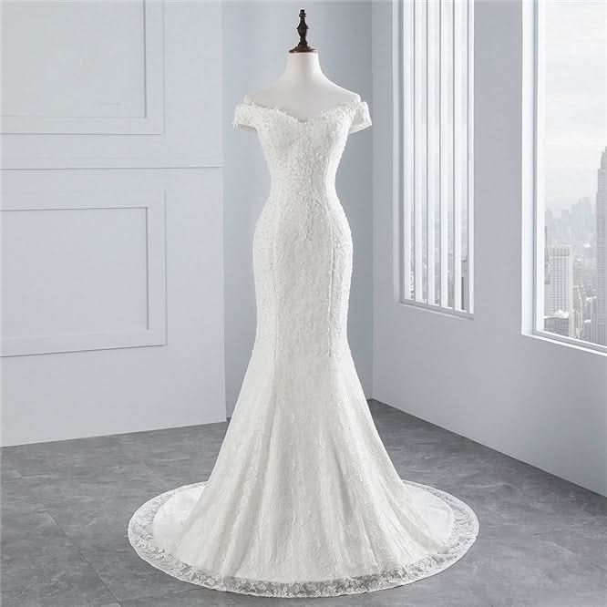 Off-the-Shoulder Long Mermaid Wedding Dress with Lace BM bride