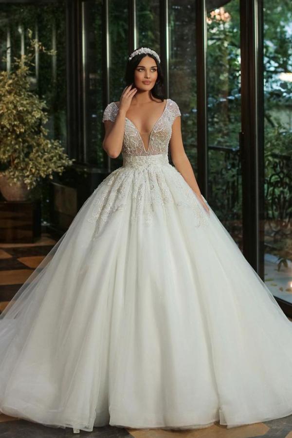 Long A-Line V-Neck Cap Sleeve Wedding Dress with Beaded Tulle BM bride