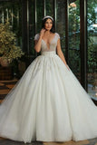 Long A-Line V-Neck Cap Sleeve Wedding Dress with Beaded Tulle BM bride