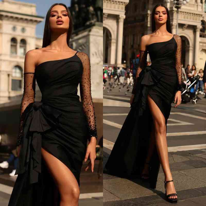 Black Prom Dress Long Sleeves Tulle One Shoulder with Pleated Slit BM bride