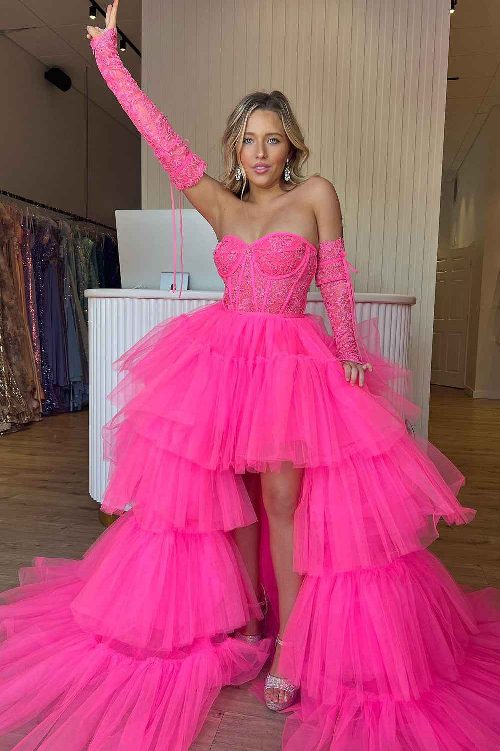 Hot Pink High Low Detachable Sleeves Corset Homecoming Dress with Lace Bmbride