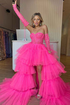 Hot Pink High Low Detachable Sleeves Corset Homecoming Dress with Lace Bmbride