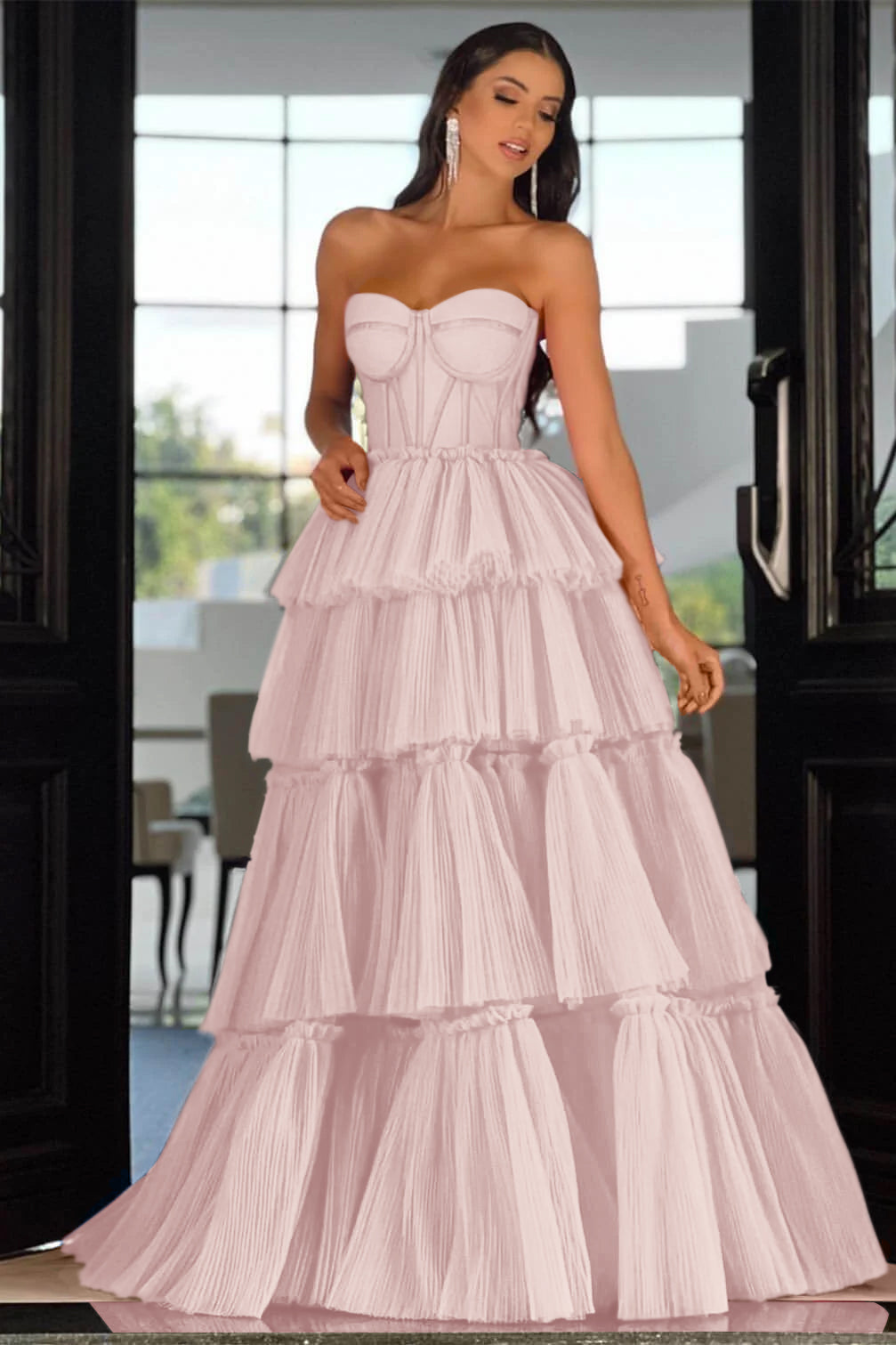 Elegant Sweetheart Strapless Prom Dress Long Sleeveless Layers Hot Pink BMBRIDE