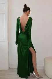 Dark Green Long Sleeves Split Long Prom Dress With Backless