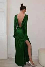 Dark Green Long Sleeves Split Long Prom Dress With Backless