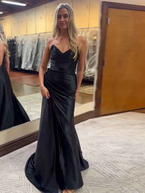 Black Mermaid Strapless V-neck Satin Ruched Sheath Long Prom Dress with Slit BMBRIDE