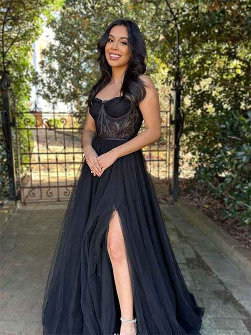 Red A-Line Strapless Sweetheart Neck Lace Long Prom Dress BMBRIDE