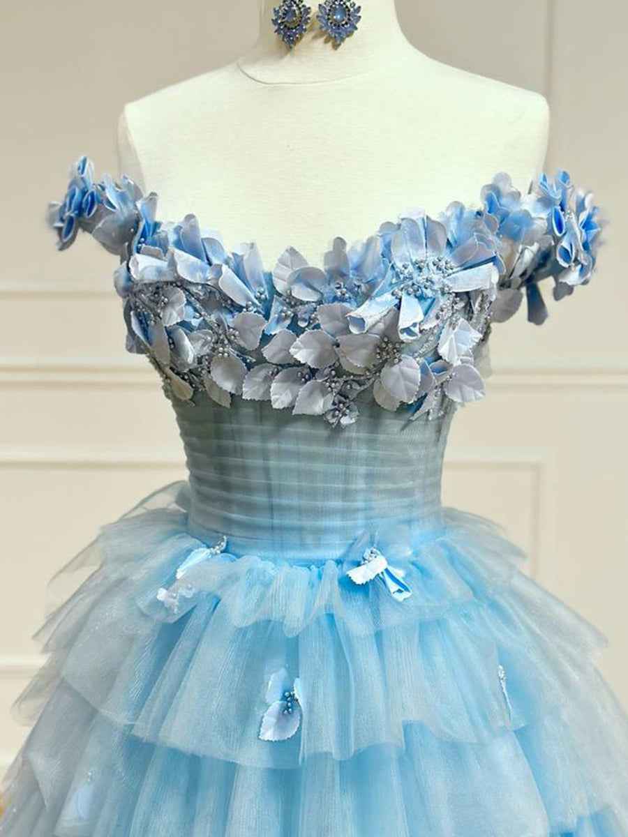 3D Floral Lace Off-the-Shoulder Ruffle Tiered Prom Dress