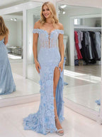3D Floral Lace Off the Shoulder Corset Long Prom Dress with Slit