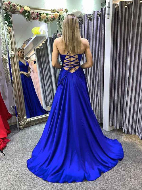 Blue A Line Spaghetti Straps V Neck Satin Long Prom Dress with Slit BMBRIDE