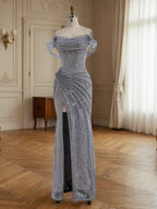 Sparkly Off-the-Shoulder Mesh Ruched Bodice Long Prom Dress with High Slit