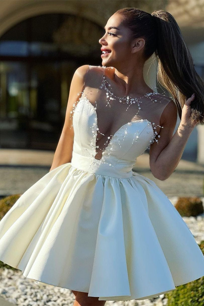 Seraphina |A-Line Illusion Neck Ivory Short Homecoming Dress with Beads BM bride