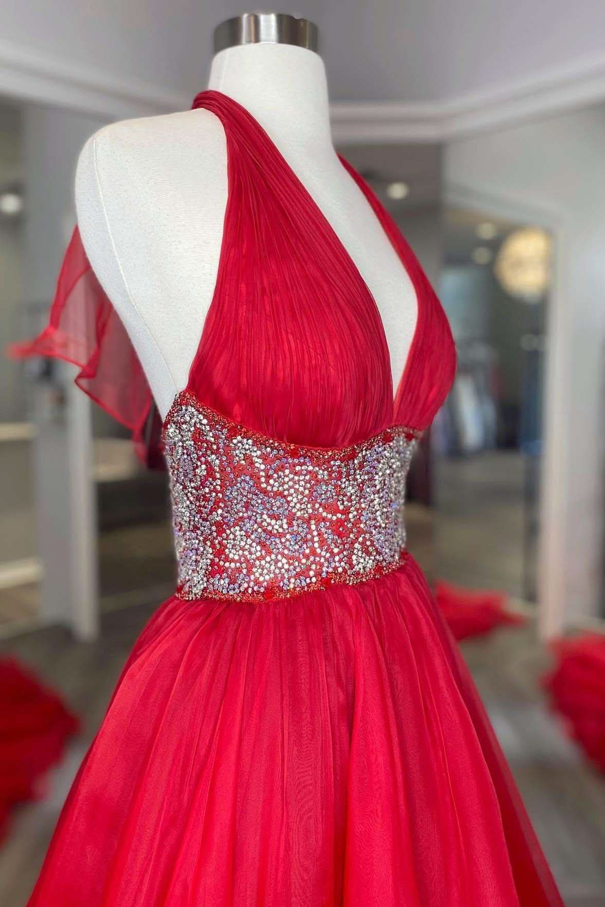 Dazzling Red Beaded Halter Backless A-Line Long Prom Gown BM bride