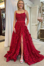 Cute A-Line Scoop Neck Red Lace Prom Dress with Beading BM bride