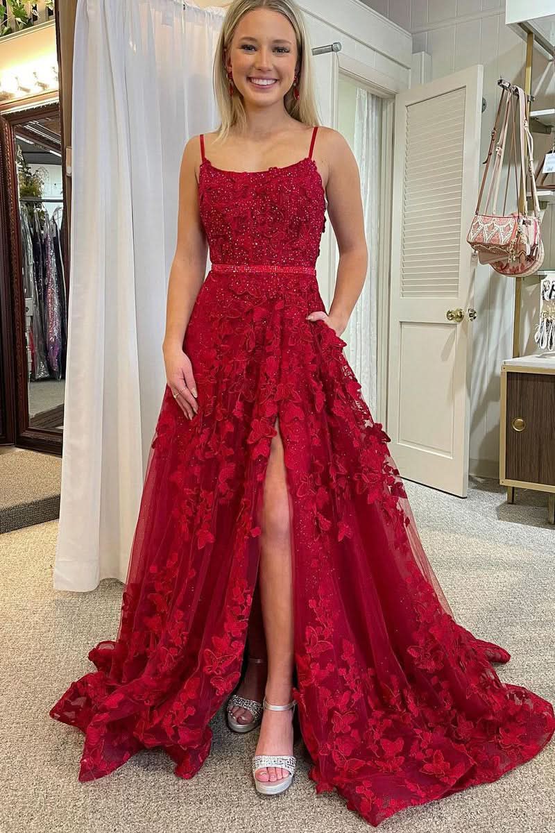 Cute A-Line Scoop Neck Red Lace Prom Dress with Beading BM bride