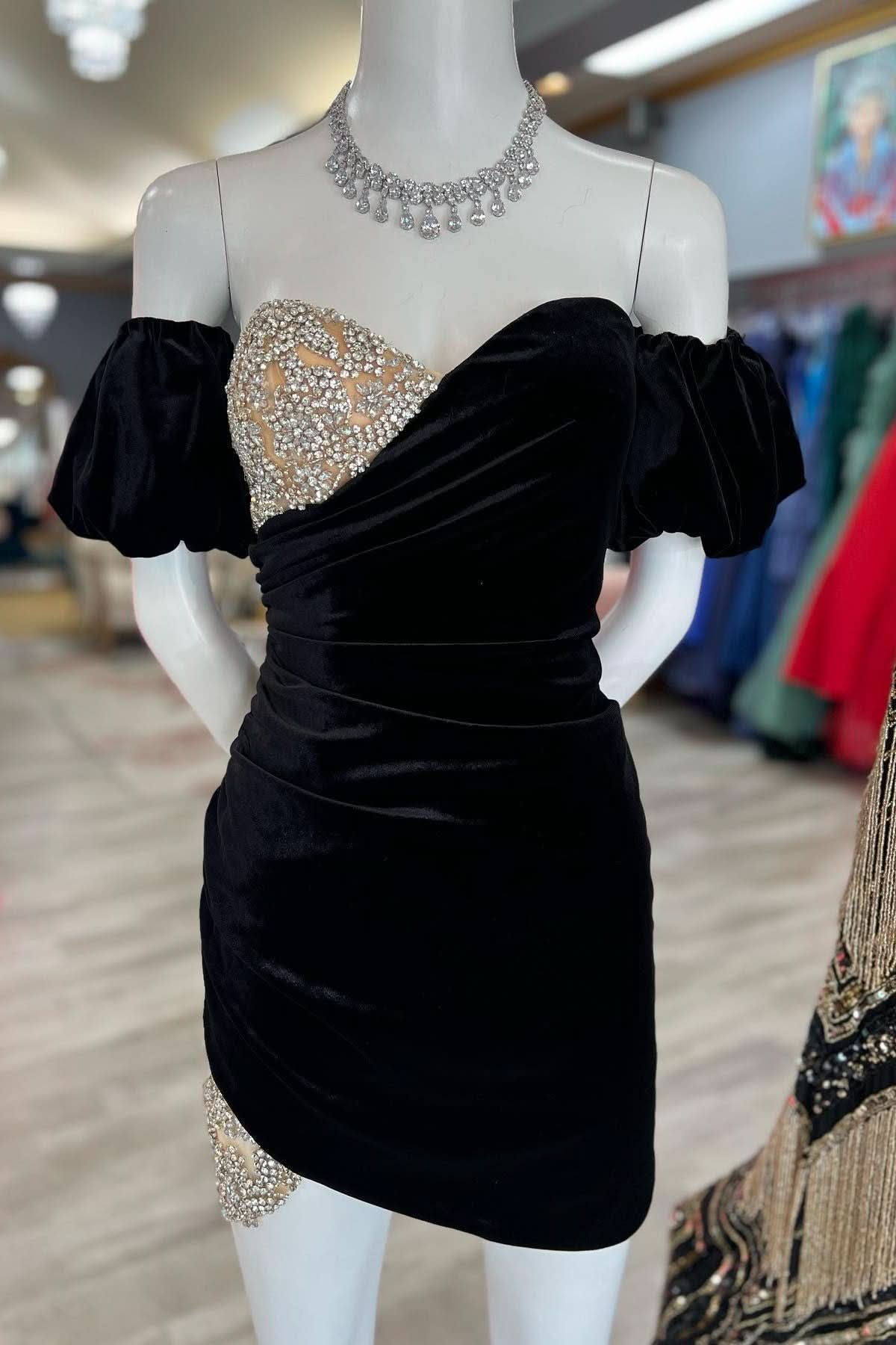 Chic Indie Black Velvet Sweetheart Beaded Short Cocktail Dress BM bride