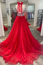 Dazzling Red Beaded Halter Backless A-Line Long Prom Gown BM bride
