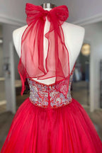 Dazzling Red Beaded Halter Backless A-Line Long Prom Gown BM bride