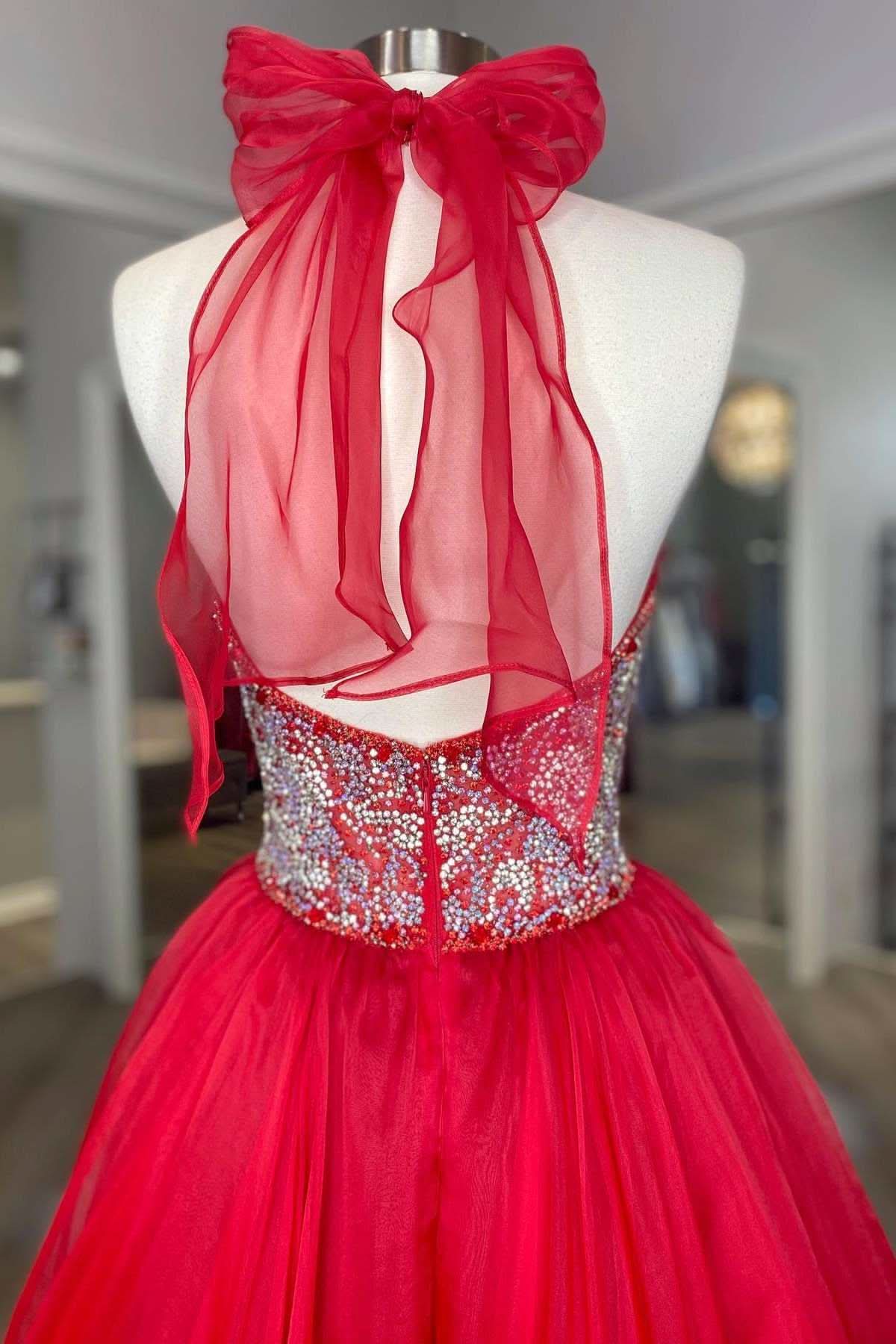 Dazzling Red Beaded Halter Backless A-Line Long Prom Gown BM bride