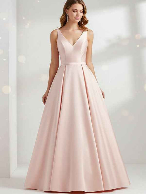 Pink Sheath/Column V-Neck Floor-Length Satin Prom Dress BMBRIDE