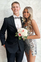 Sparkling Blue Mini Homecoming Dress with Cut Glass Mirror Straps and Slit BM bride
