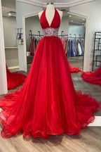 Dazzling Red Beaded Halter Backless A-Line Long Prom Gown BM bride