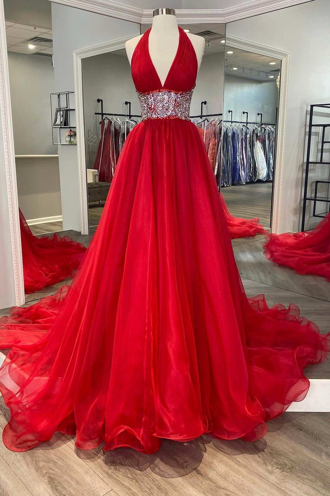 Dazzling Red Beaded Halter Backless A-Line Long Prom Gown BM bride