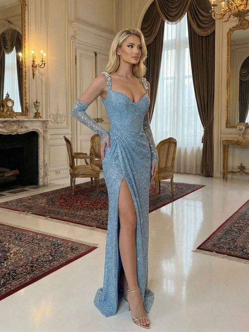 Light Blue Sequin Mermaid Matching Opera Gloves Long Prom Dress with Slit BMBRIDE