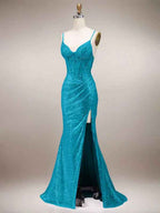 Green Mermaid Sparkly Spaghetti Straps Corset Long Prom Dress with Slit