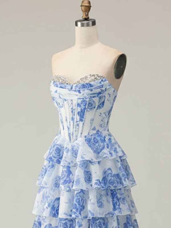 Blue Flower A Line Sweetheart Sequins Tiered Corset Long Prom Dress with Slit