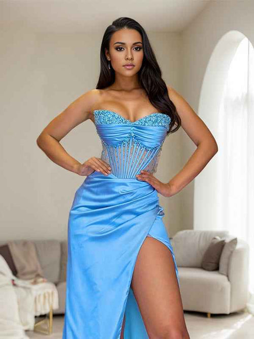 Blue Sheath Sweetheart Long Corset Prom Dress With Slit BMBRIDE