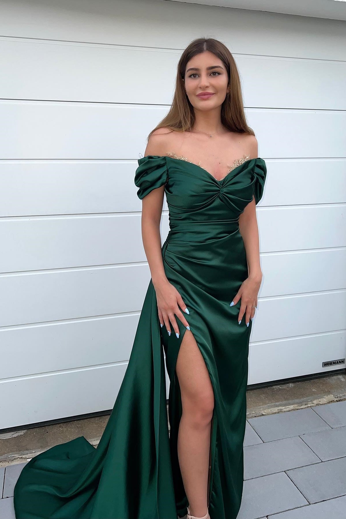 Dark Green Sweetheart Mermaid Prom Dress with Front Split and Off-The-Shoulder Beadings BM bride