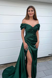 Dark Green Sweetheart Mermaid Prom Dress with Front Split and Off-The-Shoulder Beadings BM bride