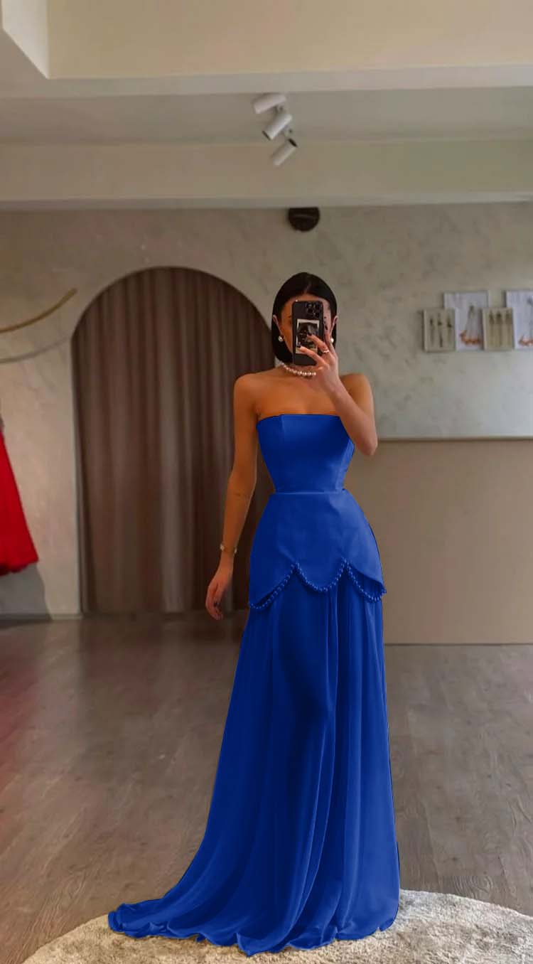 White Strapless Sleeveless Long Prom Dress With Pleated Beading BMBRIDE