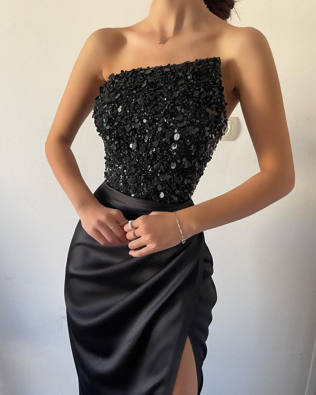 Beautiful Black Sequins Sleeveless Strapless Prom Dress with High Slit BM bride