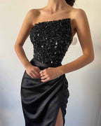 Beautiful Black Prom Dress Sequins Sleeveless Strapless With High Slit
