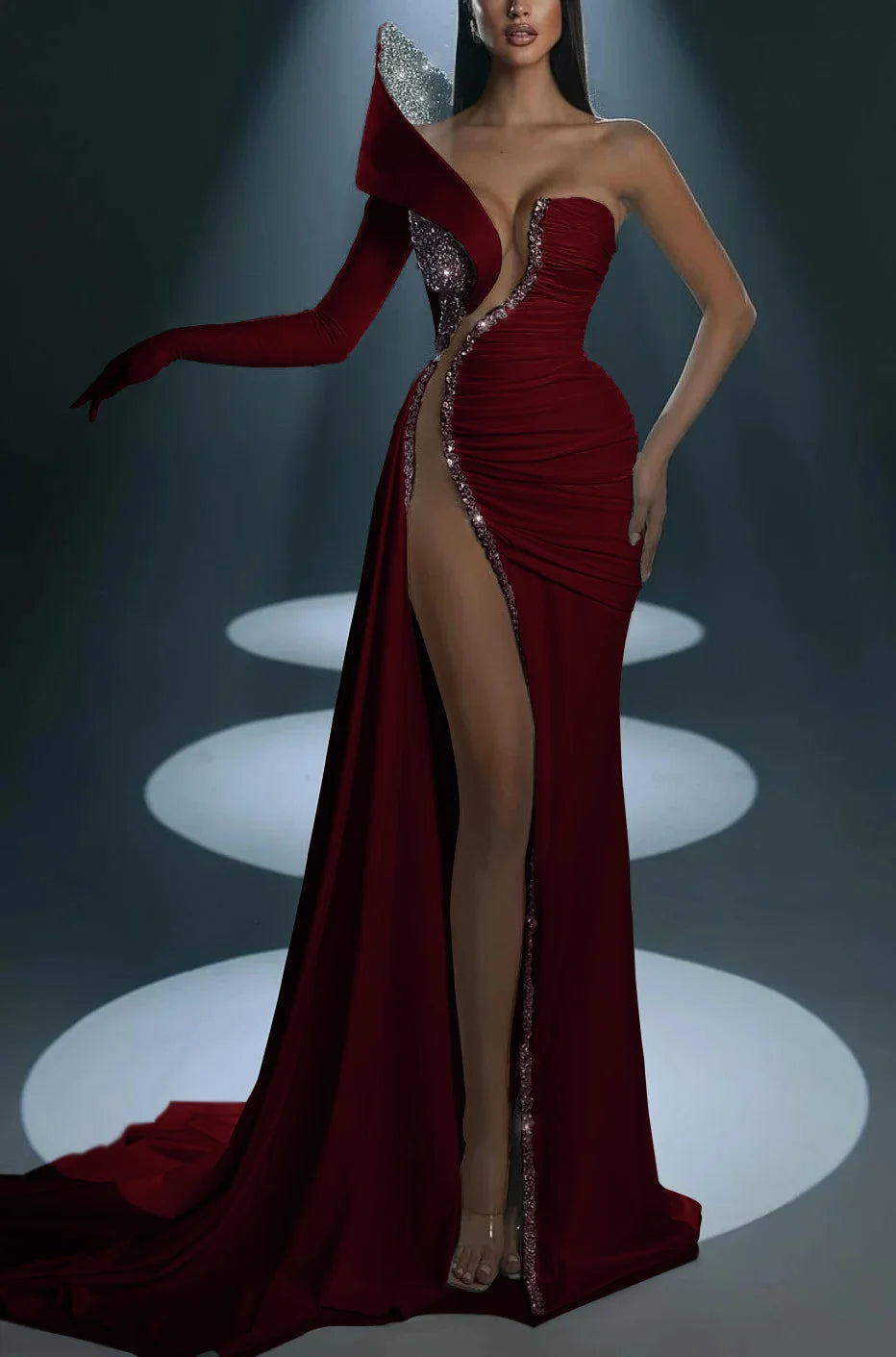 White Prom Dress With Gloves Long Mermaid One Shoulder With High Slit