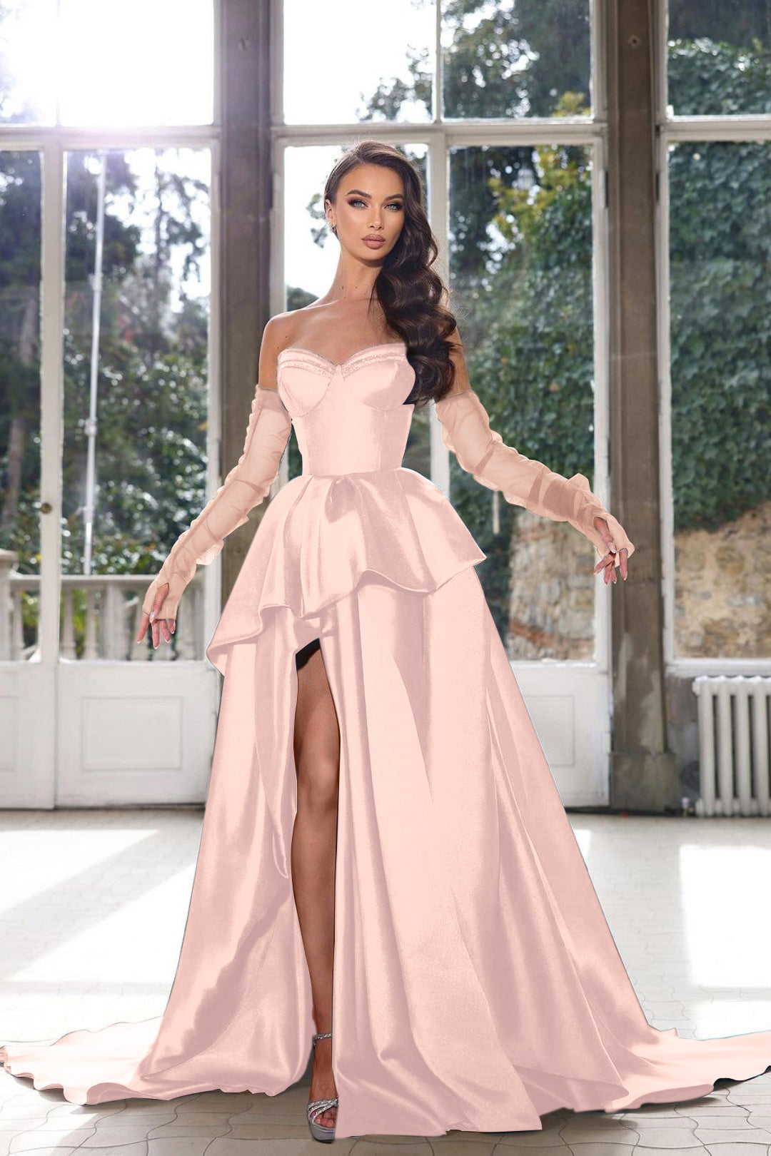 Glamorous Half Sleeves Ink Blue Prom Dress Strapless With High Split Gown BMBRIDE